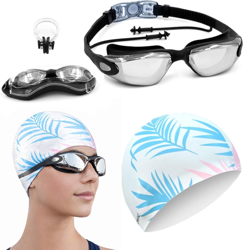 SLOVIC Swimming Goggles &amp; Cap Combo | Anti-Fog Swimming Goggle for Men | Swimming Cap for Men | UV Protected Swimming Goggles for Women with Adjustable Straps | Swim Accessories [Black+White]