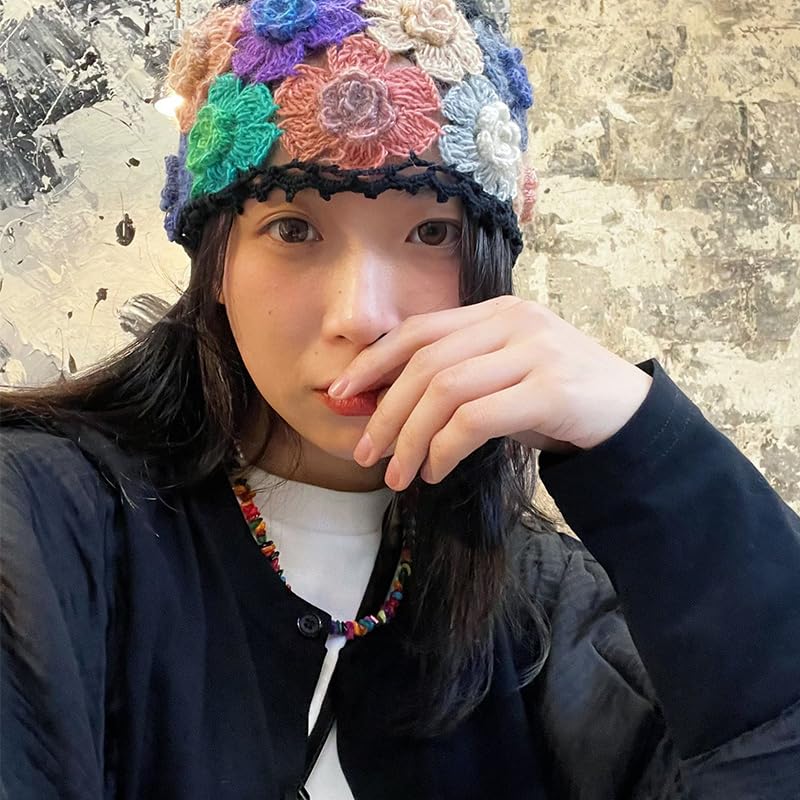 SHIDXIB 1Pcs Flower Crochet Vintage Beanie Hollow Hat Breathable Knitted Skull Hat Lightweight Elastic Knit Hats for Women (Flower Color Random) Multi - Image 4