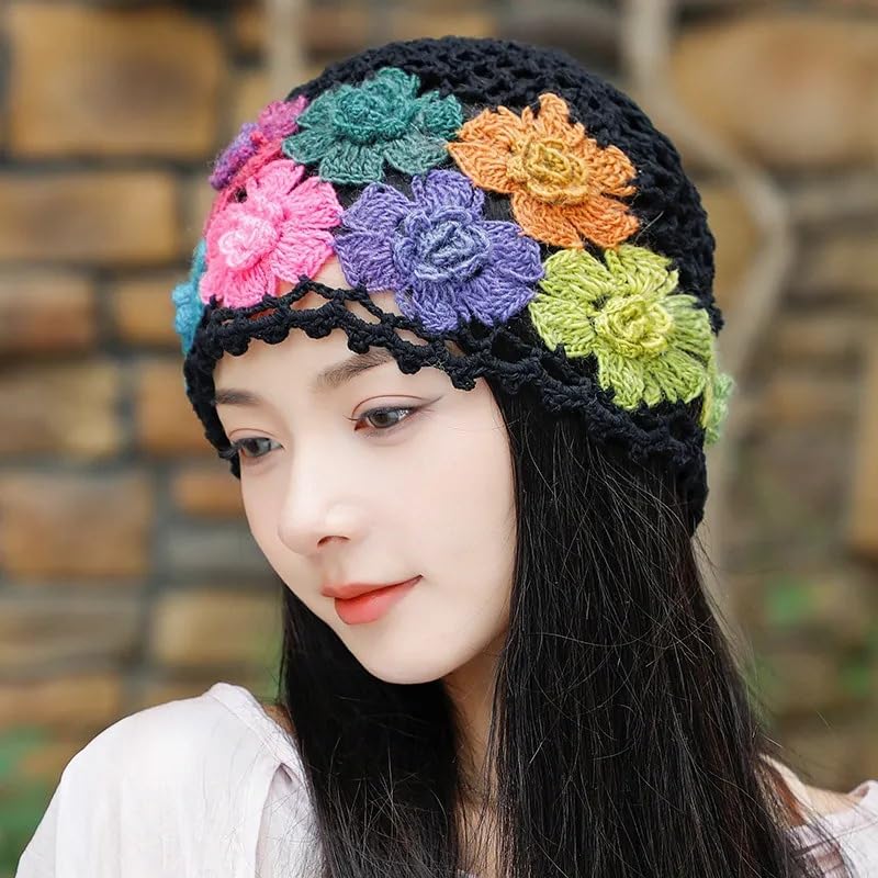 SHIDXIB 1Pcs Flower Crochet Vintage Beanie Hollow Hat Breathable Knitted Skull Hat Lightweight Elastic Knit Hats for Women (Flower Color Random) Multi - Image 2