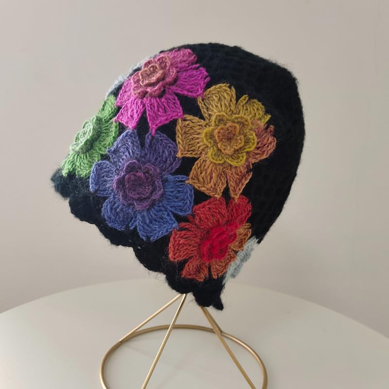 SHIDXIB 1Pcs Flower Crochet Vintage Beanie Hollow Hat Breathable Knitted Skull Hat Lightweight Elastic Knit Hats for Women (Flower Color Random) Multi - Image 5