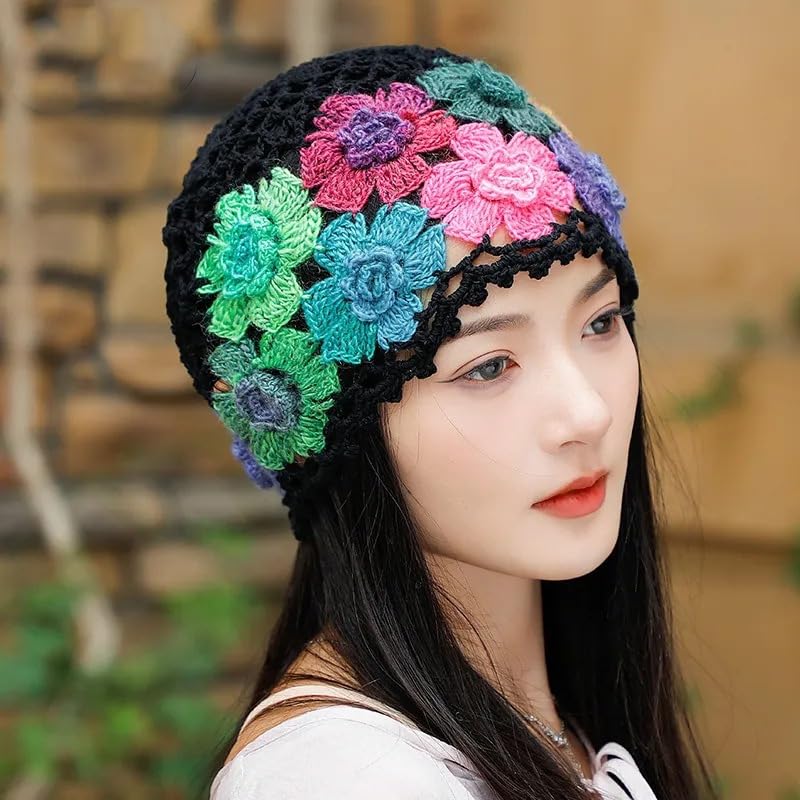 SHIDXIB 1Pcs Flower Crochet Vintage Beanie Hollow Hat Breathable Knitted Skull Hat Lightweight Elastic Knit Hats for Women (Flower Color Random) Multi - Image 3