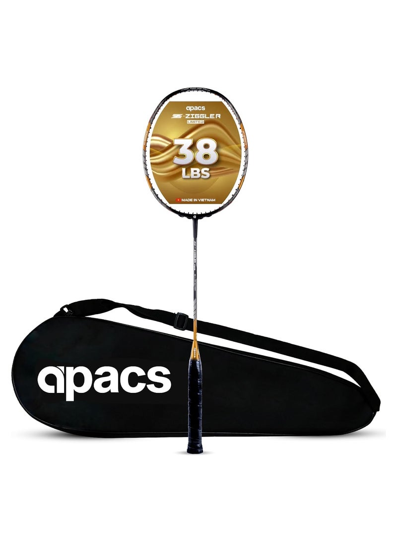 Apacs - Z-Ziggler Limited Edition 38LBS Unstrung Badminton Racket | 6.2mm Slim Shaft | Japanese carbon graphite | G2 Grip (Gold) - Image 1