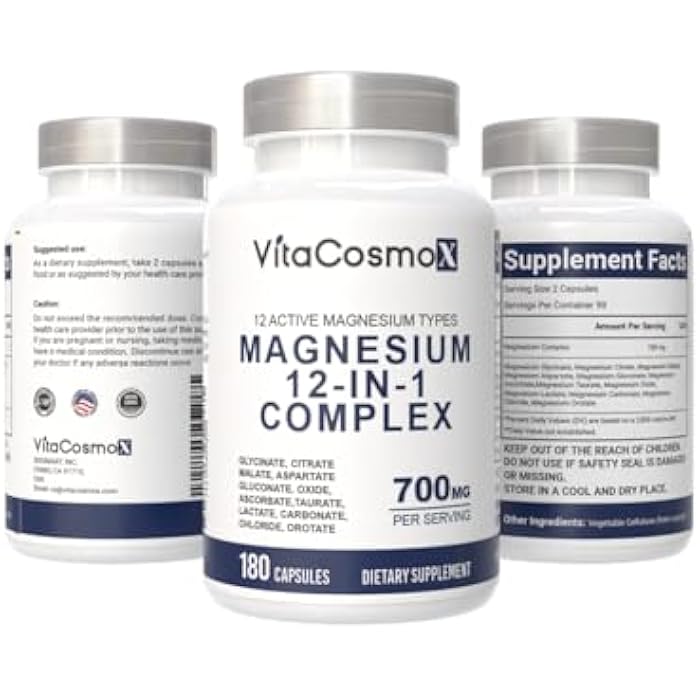 VitaCosmoX Magnesium Complex 700mg – 12-in-1 Magnesium Supplement with Glycinate, Citrate, Malate, Oxide, Taurate & More – High Absorption, 180 Capsules, 90 Servings, Non-GMO - Image 3