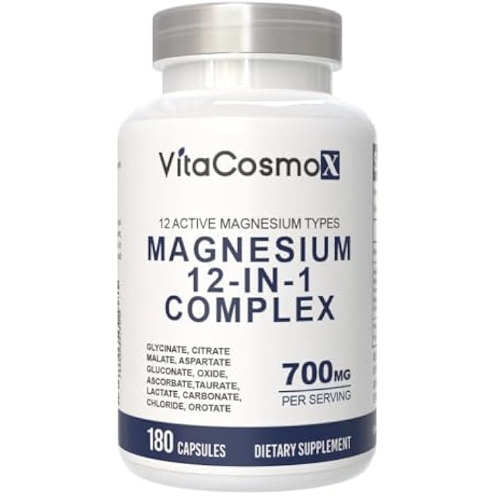 VitaCosmoX Magnesium Complex 700mg – 12-in-1 Magnesium Supplement with Glycinate, Citrate, Malate, Oxide, Taurate & More – High Absorption, 180 Capsules, 90 Servings, Non-GMO - Image 1
