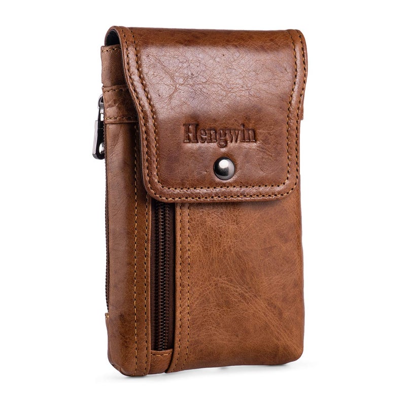Hengwin Hengwin Phone Holster Case with Belt Clip, Genuine Leather Belt Pouch Belt Case Cell Phone Holder Fit for iPhone 15 Plus 14 Pro Max 11 Pro Max Xs Max 7 Plus 8 Plus (Fit Cellphone with Case On) (Brown)  - Image 1