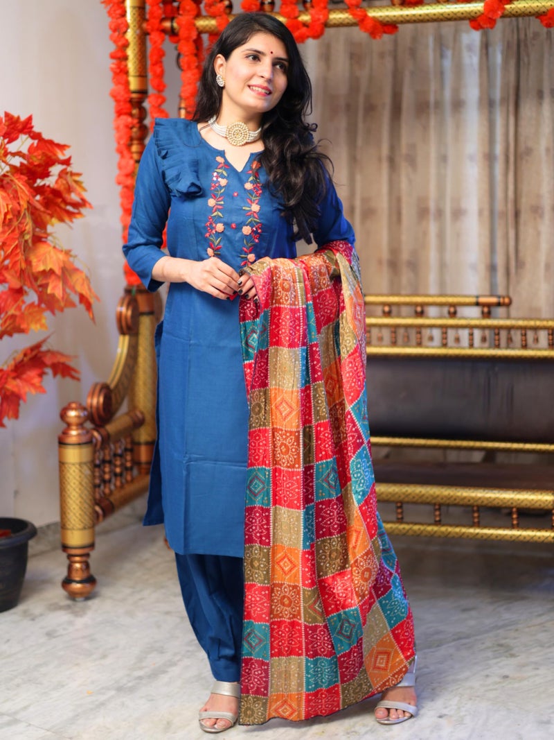 EthnicJunction Women's Cotton Blend Embroidered Mirror Work Cotton Straight Fit Kurta Patiala & Dupatta Set Teal, Medium - Image 4