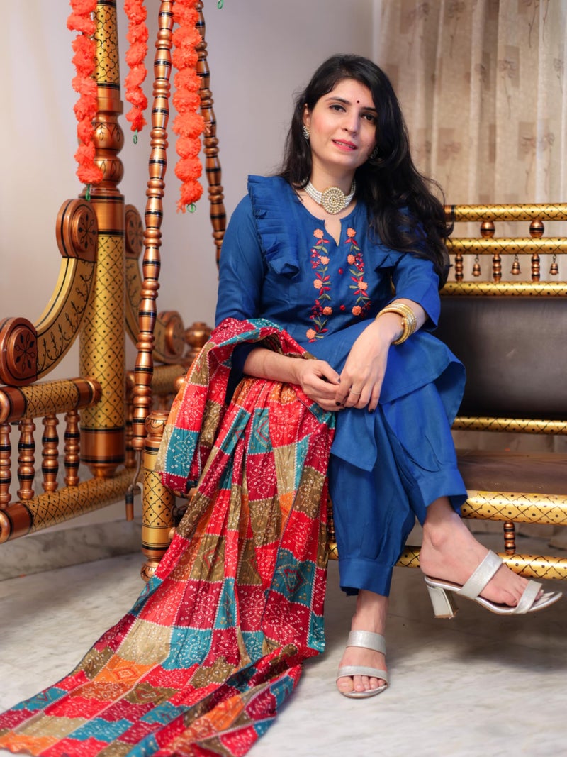EthnicJunction Women's Cotton Blend Embroidered Mirror Work Cotton Straight Fit Kurta Patiala & Dupatta Set Teal, Medium - Image 3