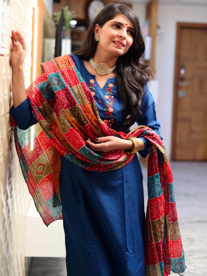 EthnicJunction Women's Cotton Blend Embroidered Mirror Work Cotton Straight Fit Kurta Patiala & Dupatta Set Teal, Medium - Image 5