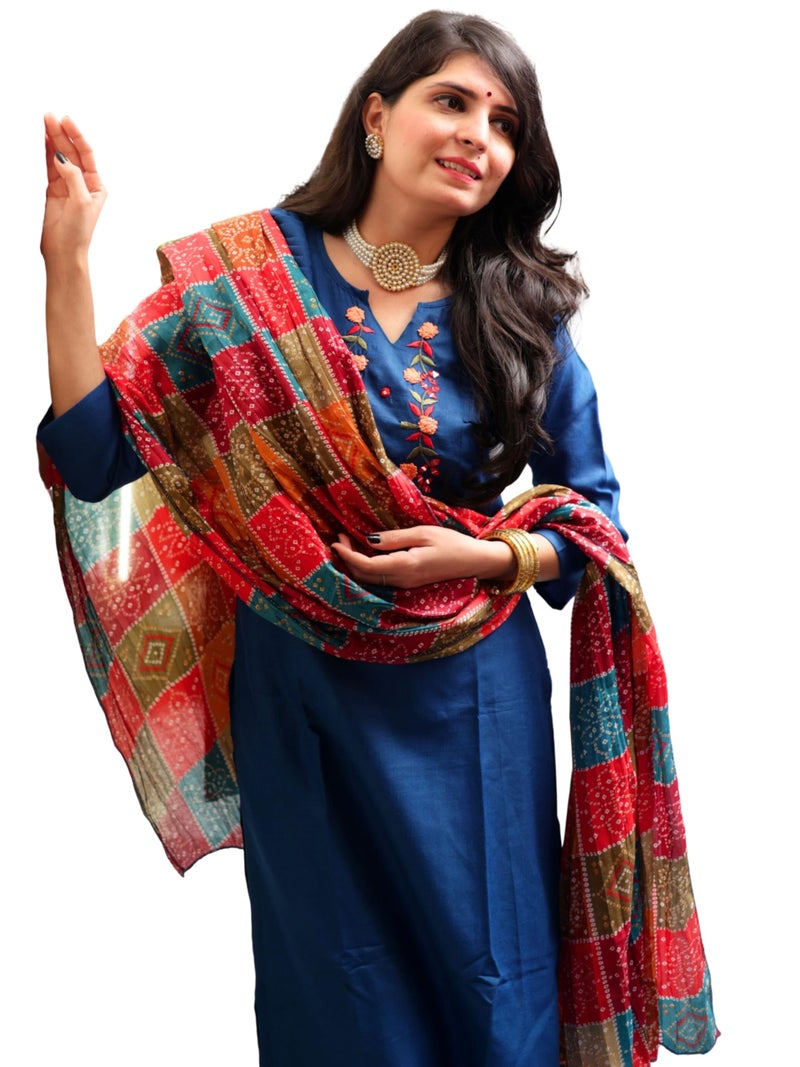 EthnicJunction Women's Cotton Blend Embroidered Mirror Work Cotton Straight Fit Kurta Patiala & Dupatta Set Teal, Medium - Image 1