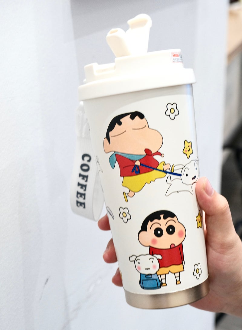 دي سي آيتيك فنجان قهوة كريون شين تشان مع أغطية مصنوع من فولاذ ستينليس 304، فنجان قهوة محكم للحفظ من التسرب، محمول، لاستخدامه في أي مكان، فنجانات قهوة لطيفة للشراب الساخن والبرودي، سعة 530 مللي لتر - Image 1