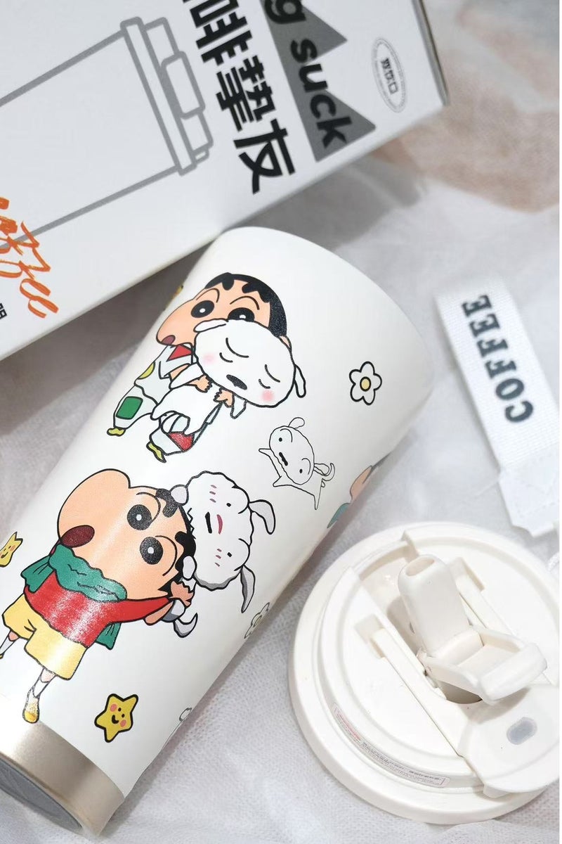 دي سي آيتيك فنجان قهوة كريون شين تشان مع أغطية مصنوع من فولاذ ستينليس 304، فنجان قهوة محكم للحفظ من التسرب، محمول، لاستخدامه في أي مكان، فنجانات قهوة لطيفة للشراب الساخن والبرودي، سعة 530 مللي لتر - Image 2