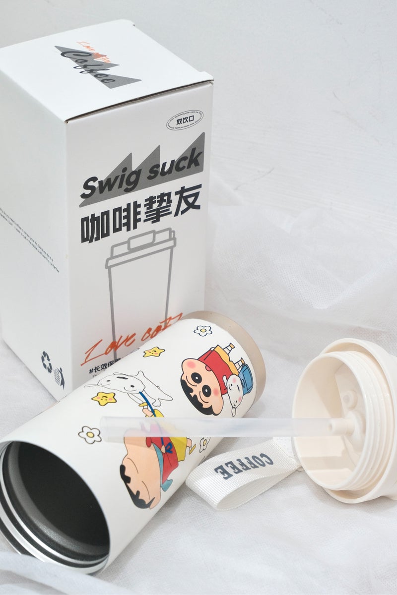 دي سي آيتيك فنجان قهوة كريون شين تشان مع أغطية مصنوع من فولاذ ستينليس 304، فنجان قهوة محكم للحفظ من التسرب، محمول، لاستخدامه في أي مكان، فنجانات قهوة لطيفة للشراب الساخن والبرودي، سعة 530 مللي لتر - Image 3