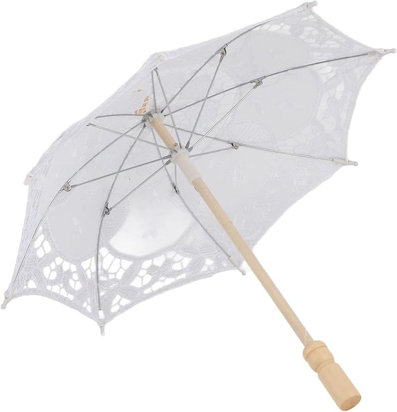 Bridal Lace Cotton Umbrella With Wooden Handle For Wedding Photography Milk White - Image 2