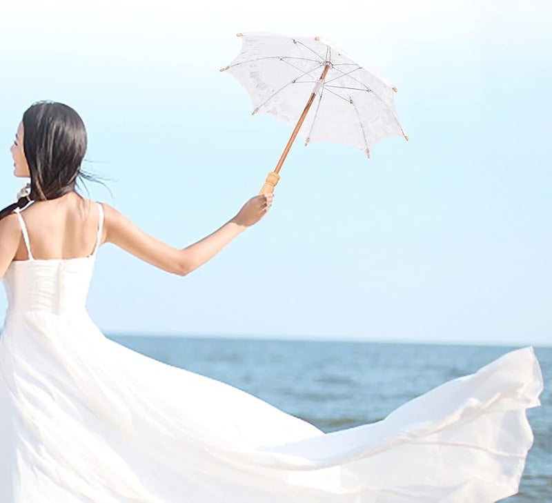 Bridal Lace Cotton Umbrella With Wooden Handle For Wedding Photography Milk White - Image 4