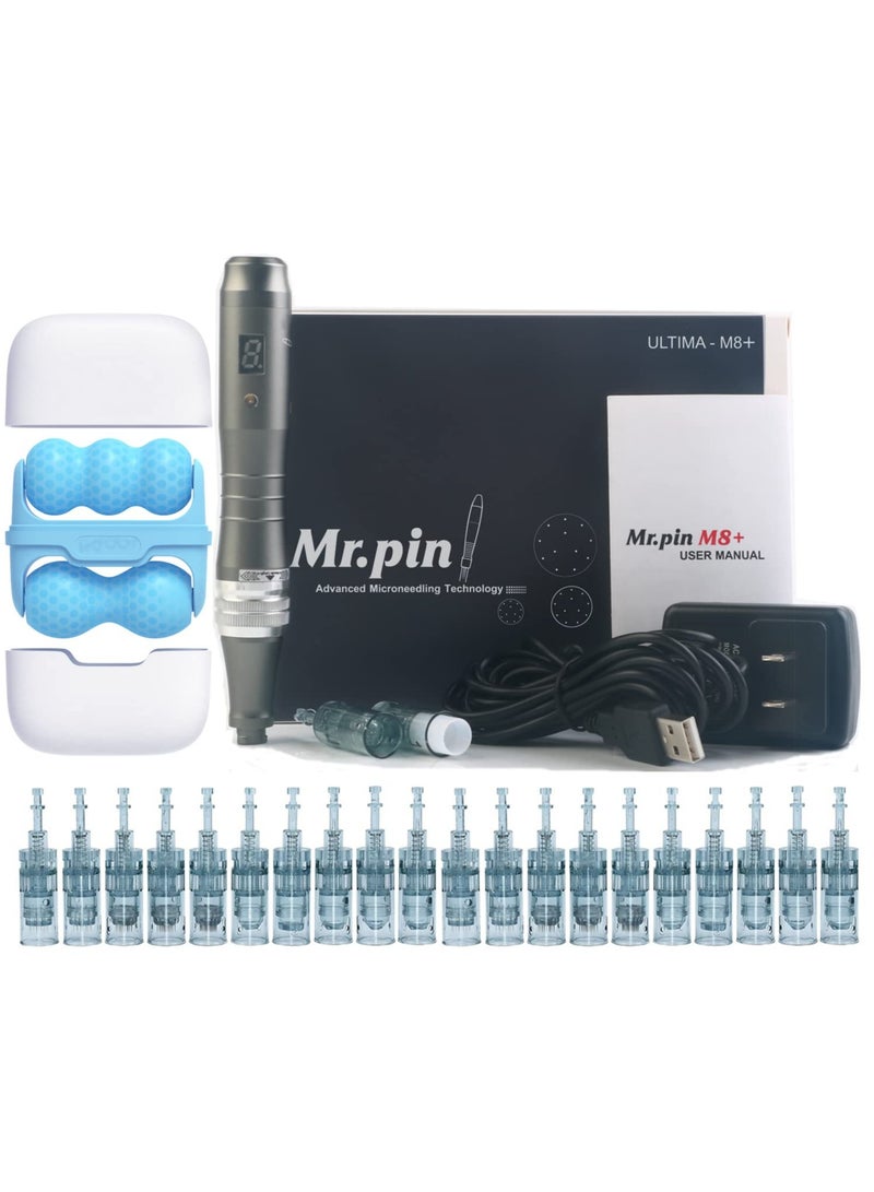 Mr.Pin Advanced Derma Pen Mr.Pin M8 Plus - wireless with 20 Pieces Assorted Cartridges and Ice Massage Wheel for Skin Care Anti Aging Improvement Acne Scars Helps Hair Growth - Image 1