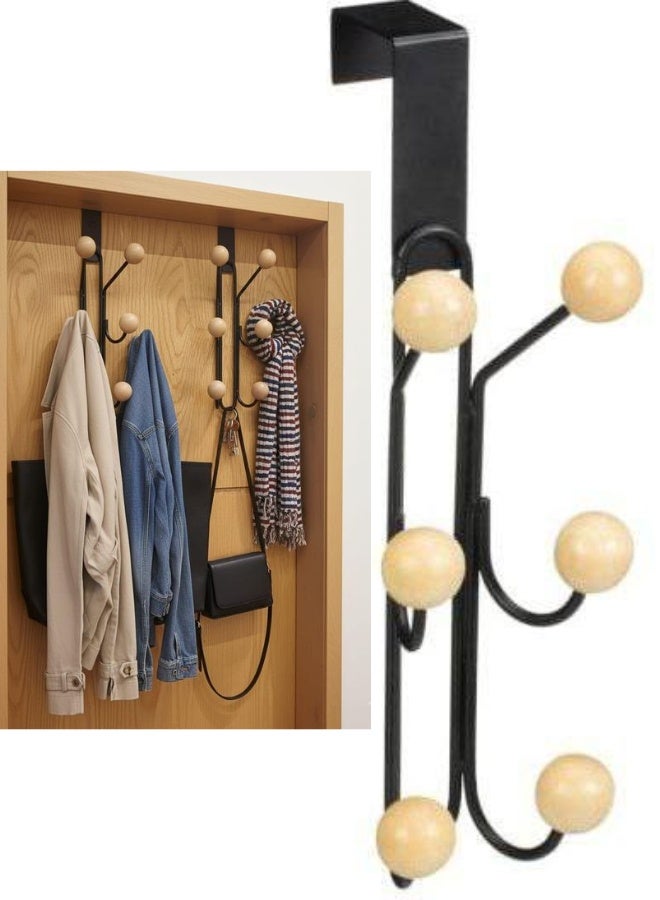 Over-the-Door Hanging Hook Rack with 6 Wooden Pegs – Heavy-Duty Metal Door Hanger Organizer for Clothes, Towels, Bags, and Coats – No Drilling, Easy Installation – Rust-Resistant Black Steel Over Door Hook for Bathroom, Bedroom, and Kitchen - Image 1