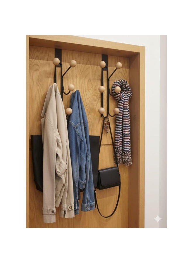 Over-the-Door Hanging Hook Rack with 6 Wooden Pegs – Heavy-Duty Metal Door Hanger Organizer for Clothes, Towels, Bags, and Coats – No Drilling, Easy Installation – Rust-Resistant Black Steel Over Door Hook for Bathroom, Bedroom, and Kitchen - Image 2