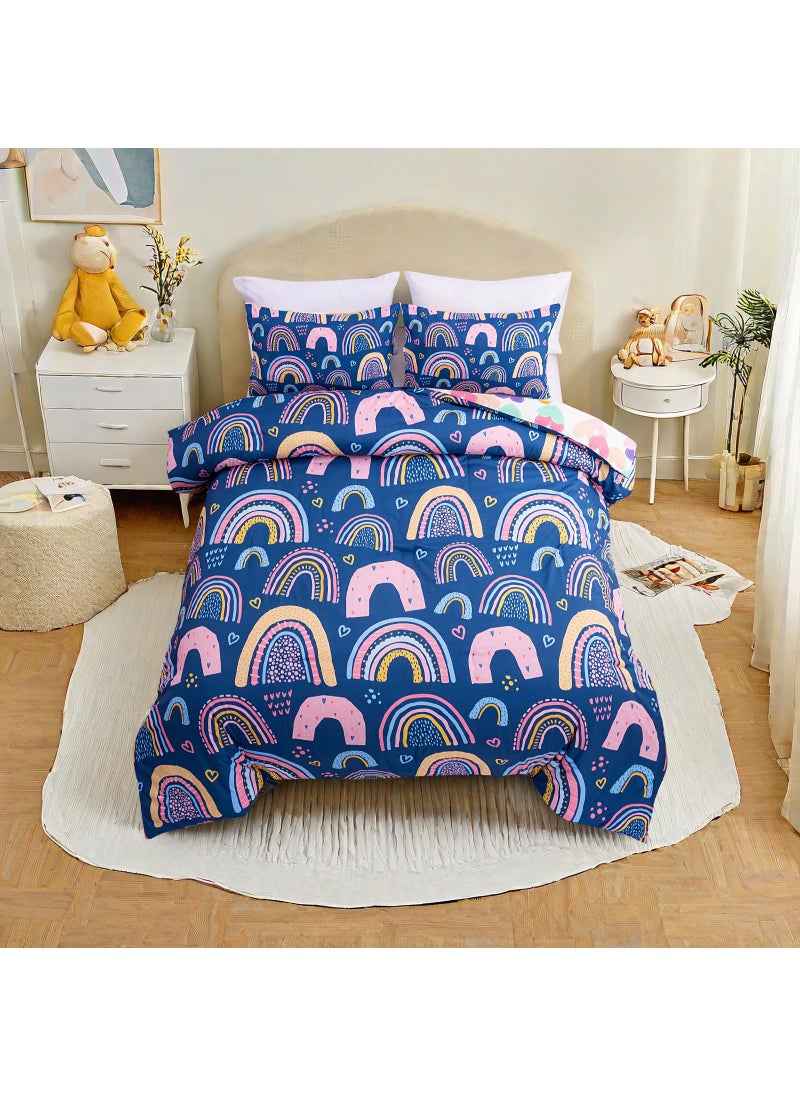 Btargot Btargot Lightweight Soft 3 Piece Rainbow Comforter Set with 2 Pillow Covers  Cartoon Love Hearts Suns and Stars Bedding Set for Girls Boys Kids  Full Dark Blue  - Image 1