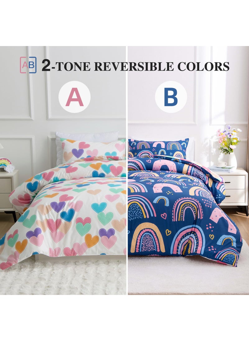 Btargot Btargot Lightweight Soft 3 Piece Rainbow Comforter Set with 2 Pillow Covers  Cartoon Love Hearts Suns and Stars Bedding Set for Girls Boys Kids  Full Dark Blue  - Image 2