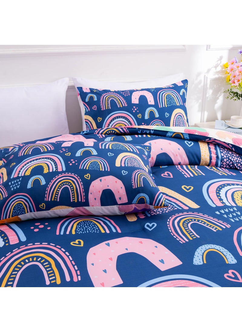 Btargot Btargot Lightweight Soft 3 Piece Rainbow Comforter Set with 2 Pillow Covers  Cartoon Love Hearts Suns and Stars Bedding Set for Girls Boys Kids  Full Dark Blue  - Image 5