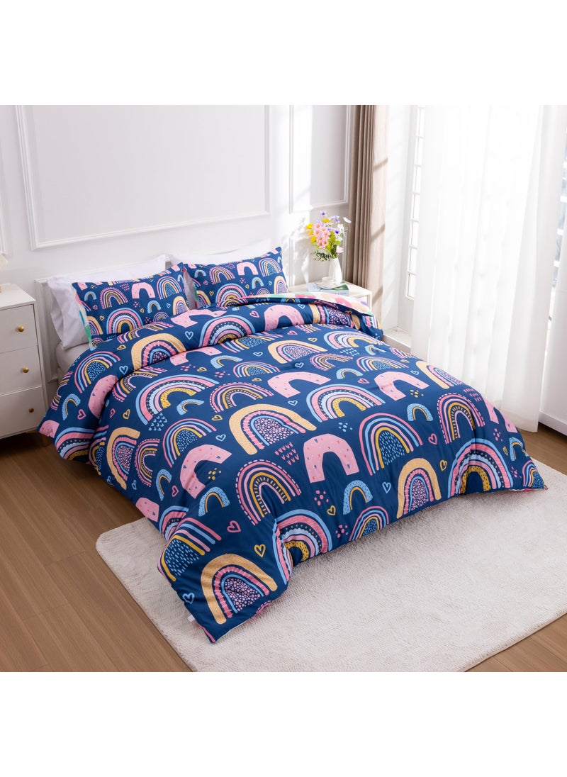 Btargot Btargot Lightweight Soft 3 Piece Rainbow Comforter Set with 2 Pillow Covers  Cartoon Love Hearts Suns and Stars Bedding Set for Girls Boys Kids  Full Dark Blue  - Image 3