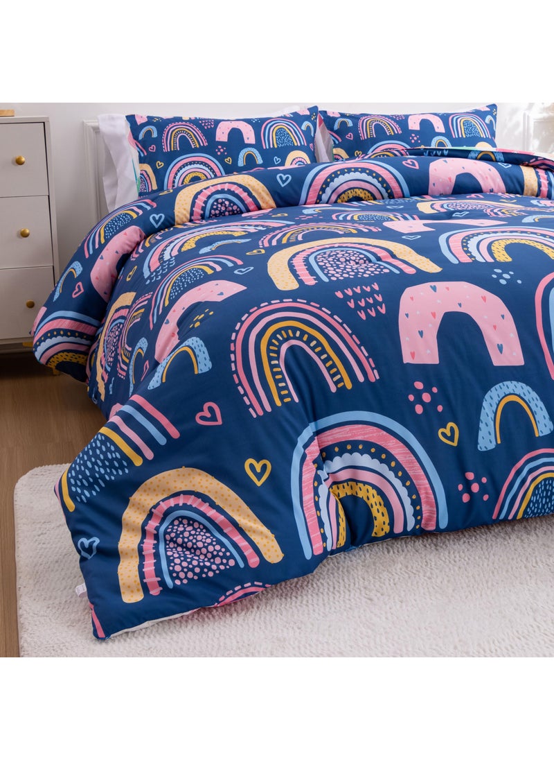 Btargot Btargot Lightweight Soft 3 Piece Rainbow Comforter Set with 2 Pillow Covers  Cartoon Love Hearts Suns and Stars Bedding Set for Girls Boys Kids  Full Dark Blue  - Image 4