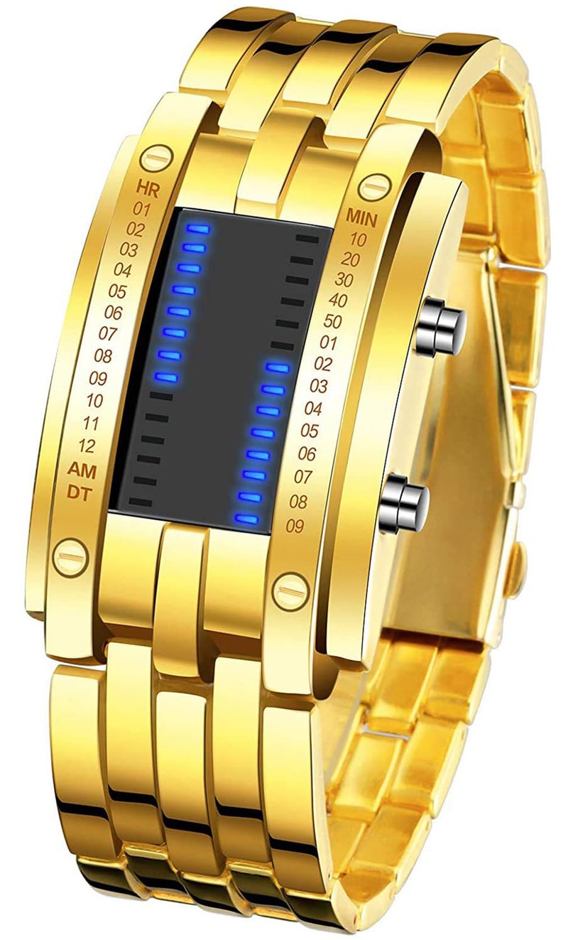 Gosasa Mens Binary Matrix Digital Watch Blue LED Classic Black Plated Bracelet Business Casual Waterproof Stainless Steel Watches (Gold) - Image 1