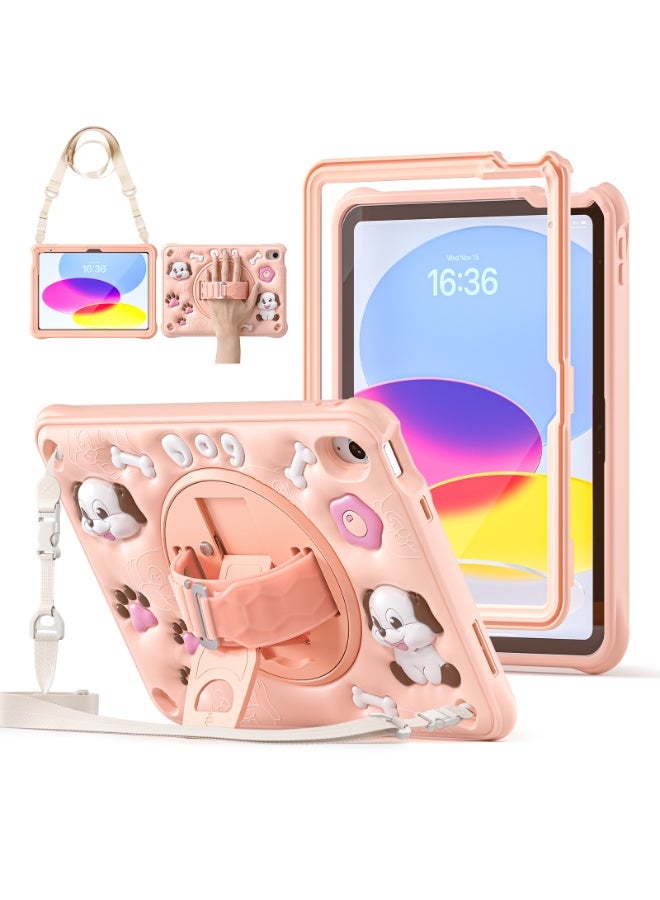 Case for iPad (A16) 11th 10th Generation 10.9" for Kids Boys, Heavy Duty Rugged Cute Cartoon Dolphins Cover with pen+Swivel Stand+Handle Strap, Pink - Image 1