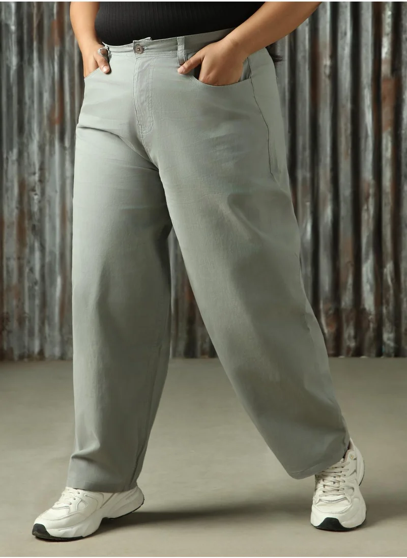 HIGH STAR Women's Sage Green Cotton Blend Solid Plus Size Chinos Trouser