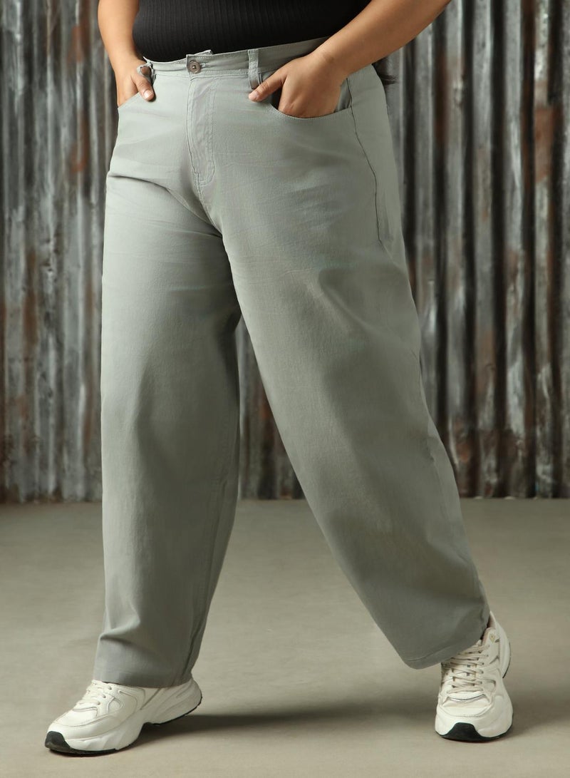 HIGH STAR Women's Sage Green Cotton Blend Solid Plus Size Chinos Trouser  - Image 2