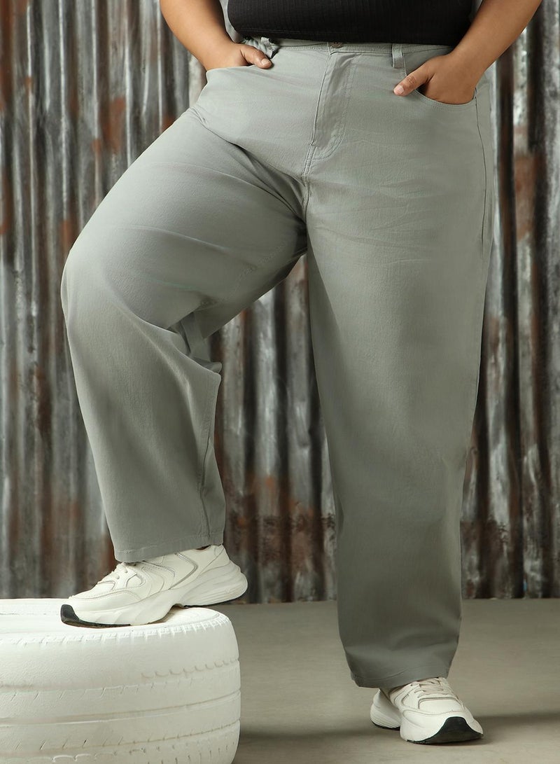 HIGH STAR Women's Sage Green Cotton Blend Solid Plus Size Chinos Trouser  - Image 5