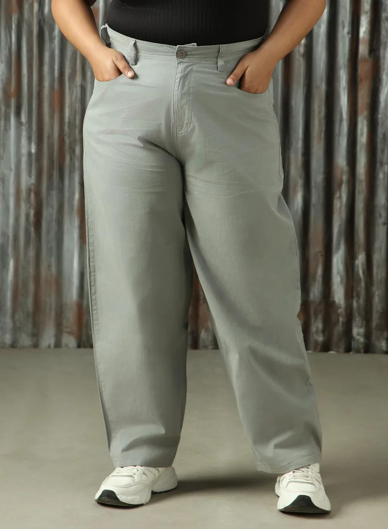 HIGH STAR Women's Sage Green Cotton Blend Solid Plus Size Chinos Trouser