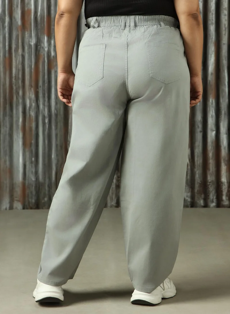 HIGH STAR Women's Sage Green Cotton Blend Solid Plus Size Chinos Trouser