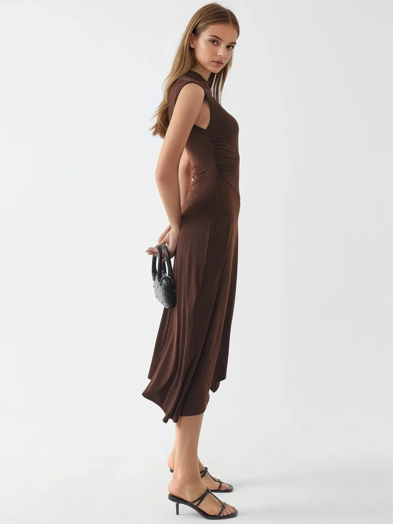 Busem Coffee Brown BUSEM Accessory Detailed Asymmetrical Midi Dress for Women | Best Price UAE