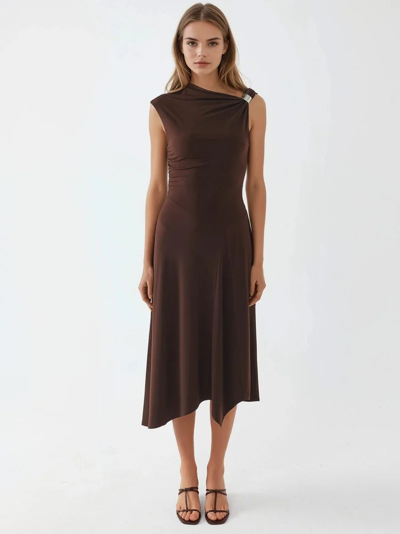 Busem Coffee Brown BUSEM Accessory Detailed Asymmetrical Midi Dress for Women | Best Price UAE