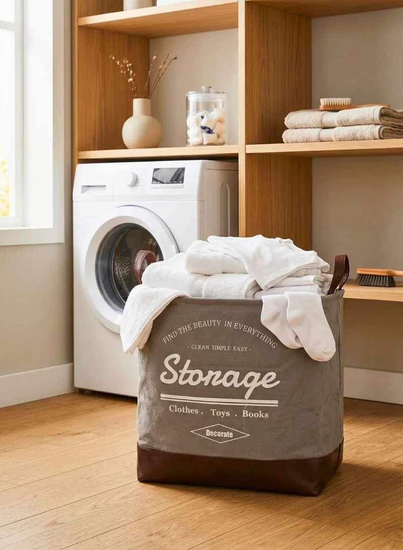 1Chase Grey/Brown Foldable Square Laundry Basket 40L with Leather Base (Grey/Brown)  | Best Price UAE