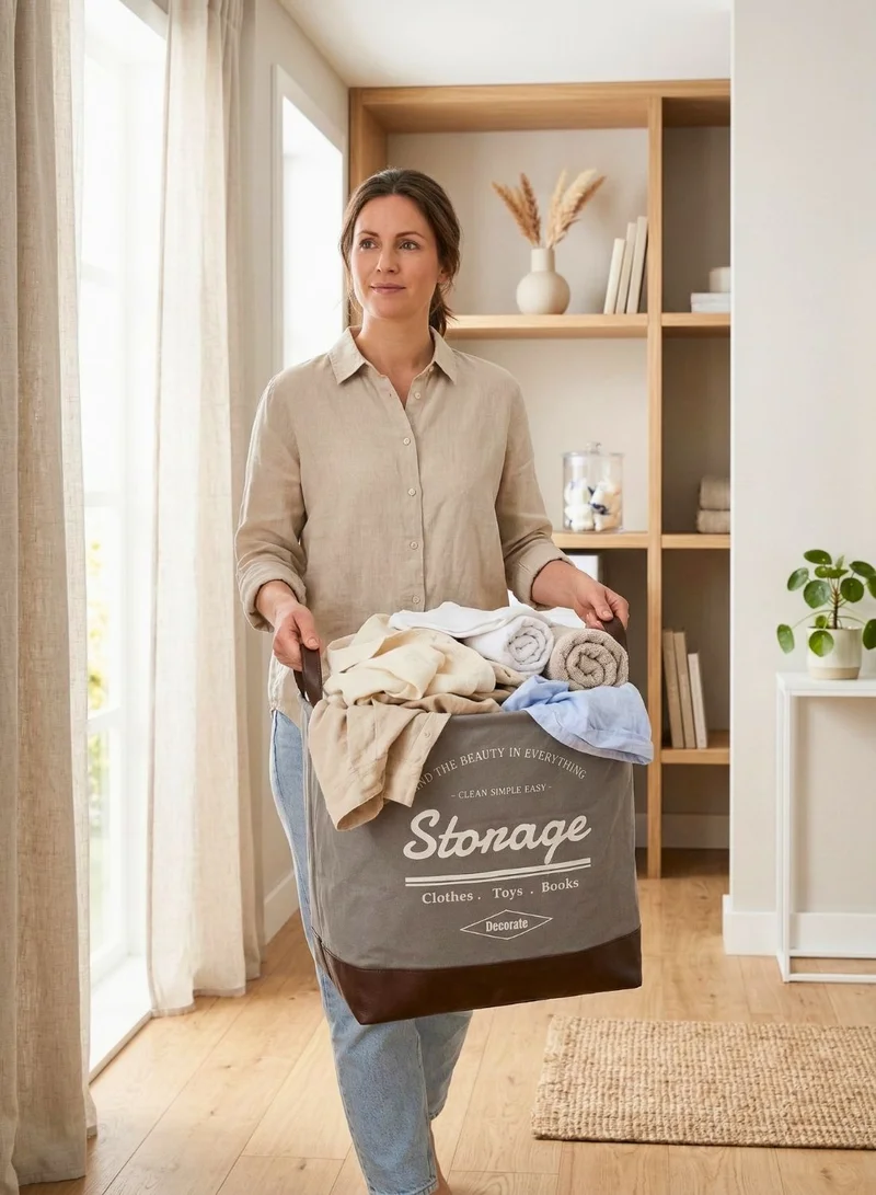 1Chase Grey/Brown Foldable Square Laundry Basket 40L with Leather Base (Grey/Brown)  | Best Price UAE