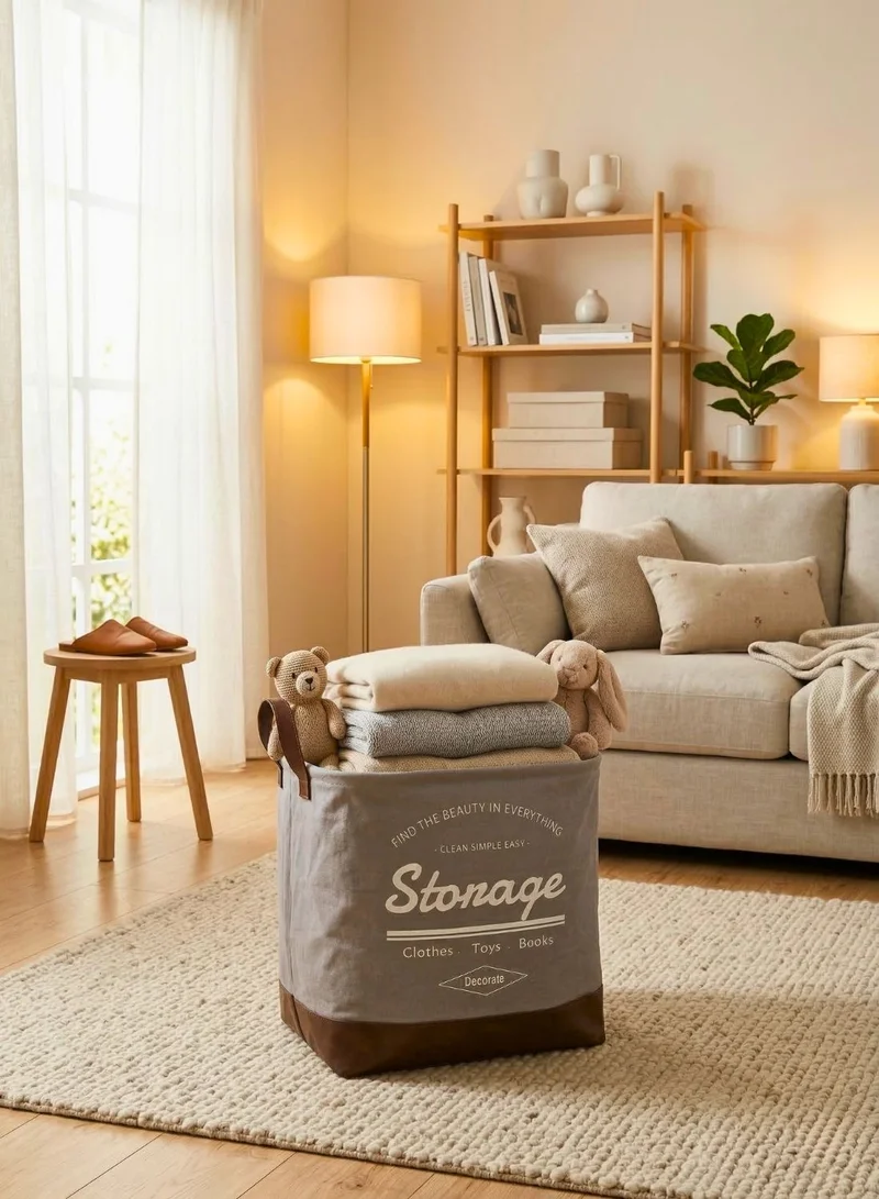 1Chase Grey/Brown Foldable Square Laundry Basket 40L with Leather Base (Grey/Brown)  | Best Price UAE
