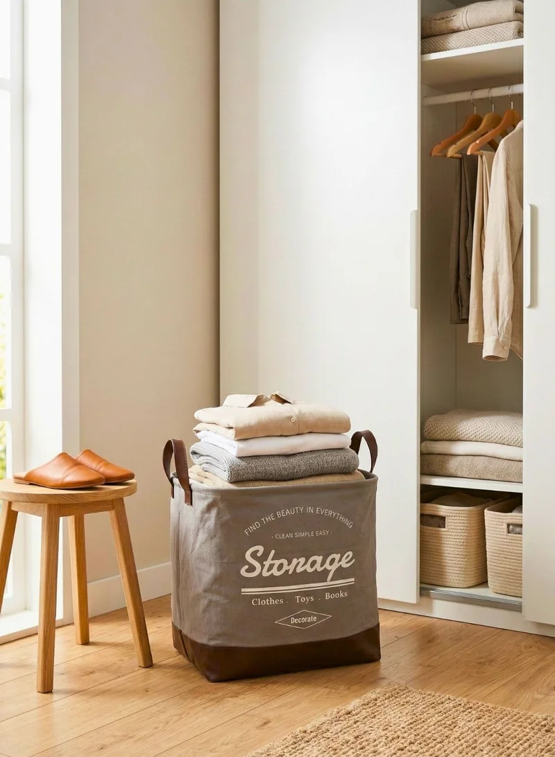 1Chase Grey/Brown Foldable Square Laundry Basket 40L with Leather Base (Grey/Brown)  | Best Price UAE