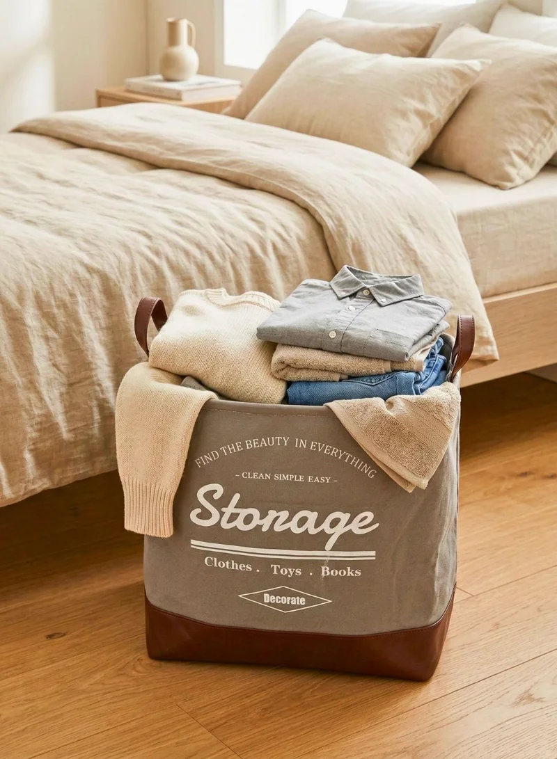 1 تشيس سلة غسيل مربعة قابلة للطي سعة 40 لتر بقاعدة جلدية - سلة تخزين قماشية بمقابض (رمادي/بني)