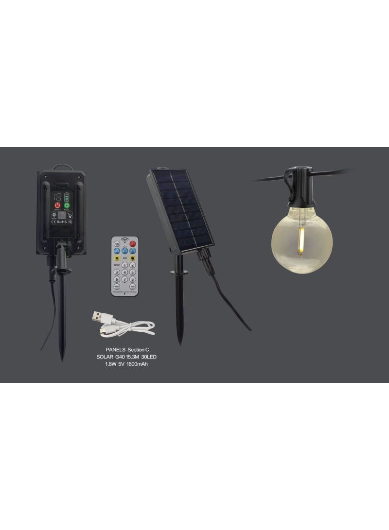 Solar String Lights G40 15m with 30 Vintage LED Bulbs – Warm White, Shatterproof, Weatherproof Outdoor Lighting for Patio, Garden & Backyard - Image 2