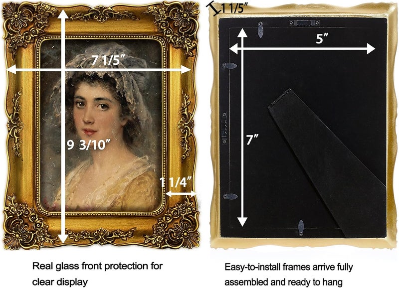 FJXMFRAME إطار صور ذهبي بحجم 5×7 بوصة عتيق مزخرف فيكتوري، إطارات صور باروكية للطاولة أو تعليق الحائط، صغير برونزي مع واجهة زجاجية - Image 5
