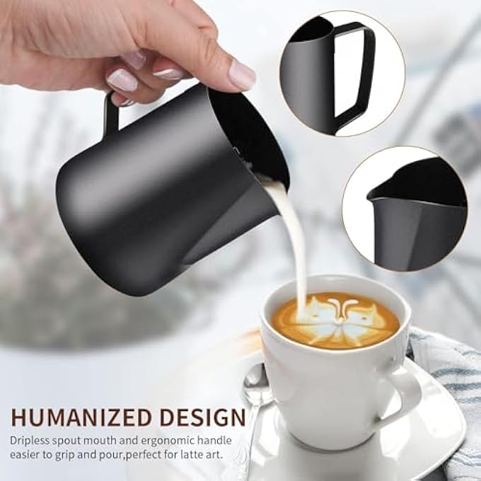 quxup Milk Frothing Pitcher 12Oz350Ml Stainless Steel Espresso Steaming Pitcher Coffee Milk Frother Cup With Decorating Art Pen For Espresso Machine Milk Frother Black - Image 2