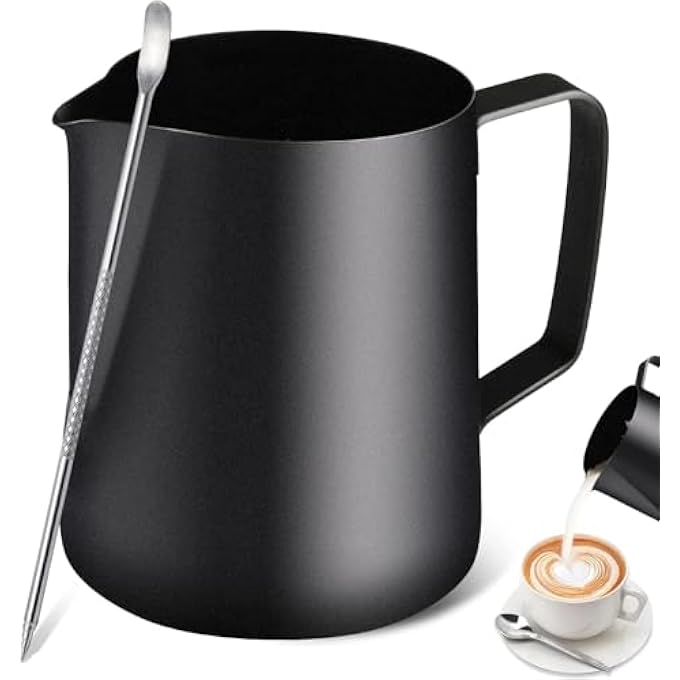 quxup Milk Frothing Pitcher 12Oz350Ml Stainless Steel Espresso Steaming Pitcher Coffee Milk Frother Cup With Decorating Art Pen For Espresso Machine Milk Frother Black - Image 1
