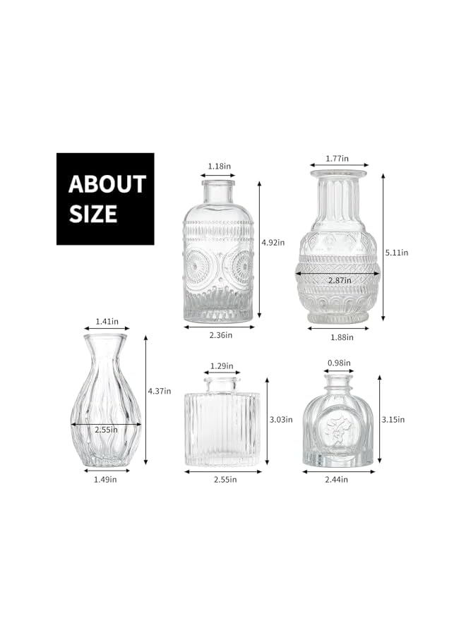 The Bros Set of 5 Bud Vases, Small Vase for Flowers, Glass Vase for Home Decor, Wedding Decorations, Clear Flower Vases for Centerpieces, Vintage Vase for Home Decor - Image 2
