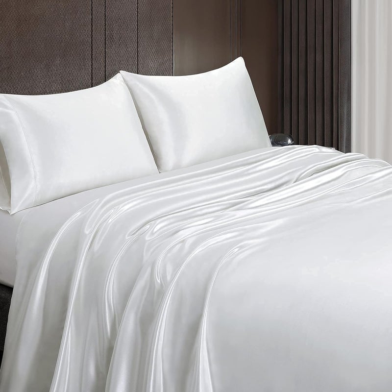 Homiest 3pcs Satin Sheets Set Luxury Silky Satin Bedding Set with Deep Pocket, 1 Fitted Sheet + 1 Flat Sheet + 1 Pillowcase (Twin Size, White) - Image 4