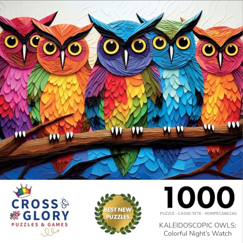 Cross & Glory - Kaleidoscopic Owls: Colorful Night's Watch - 1000 Piece Jigsaw Puzzle for Adults | Vibrant Colors | Satin Finish - Image 2