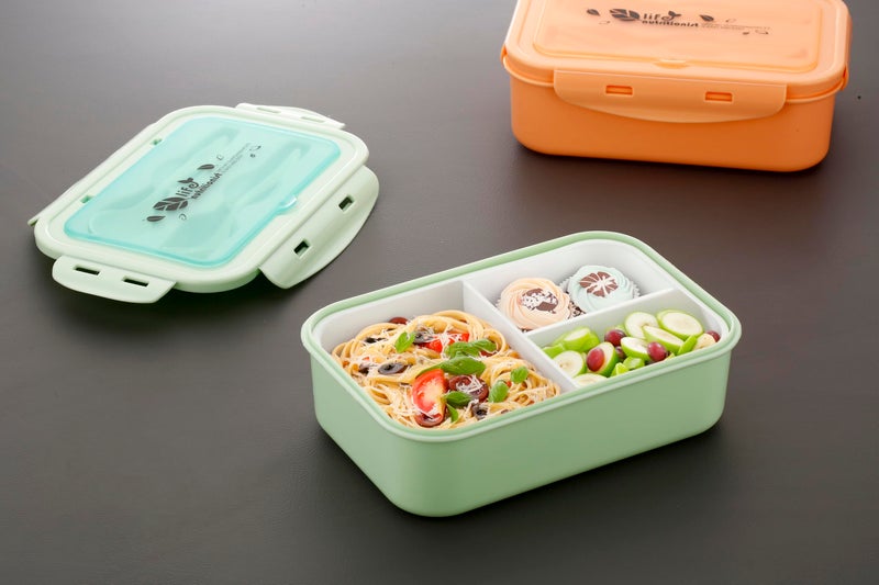 ATTRO Carbon Lunch Box with 3 Compartment, Stylish lid & 2 Spoons Made with Heavy Plastic BPA Free Food Grade Perfect for School Kids, College & Outdoor 1100ml - Assorted - Image 3