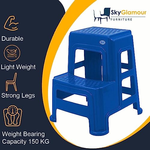 SkyGlamour سكاي غلَمور سُلم بلاستيكي متعدد الاستخدامات عالي الجودة للمطبخ والمكتب بسعة تحمل وزن 150 كجم | سُلم من خطوتين للمنزل | اللون: أزرق فرنسي; مجموعة من 1 - Image 4