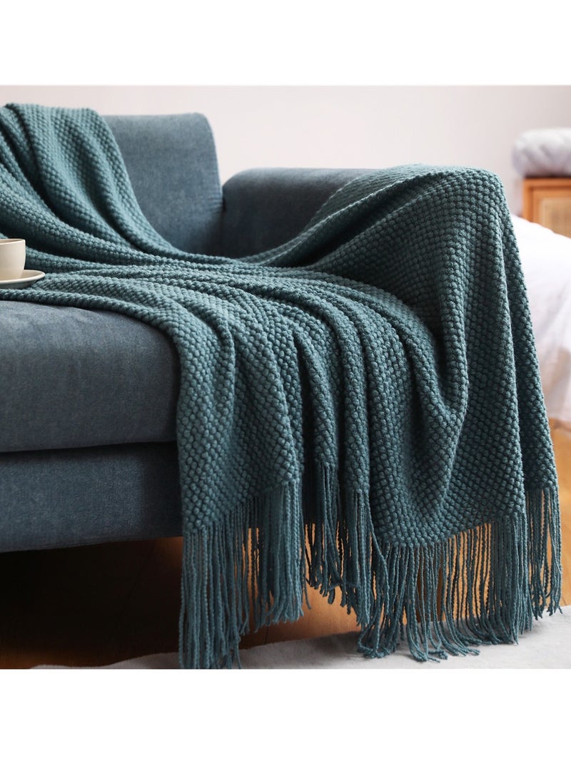 Loquat Tassel Design Knitted Textured Soft Throw Blanket Keep Warm Morandi Blue 